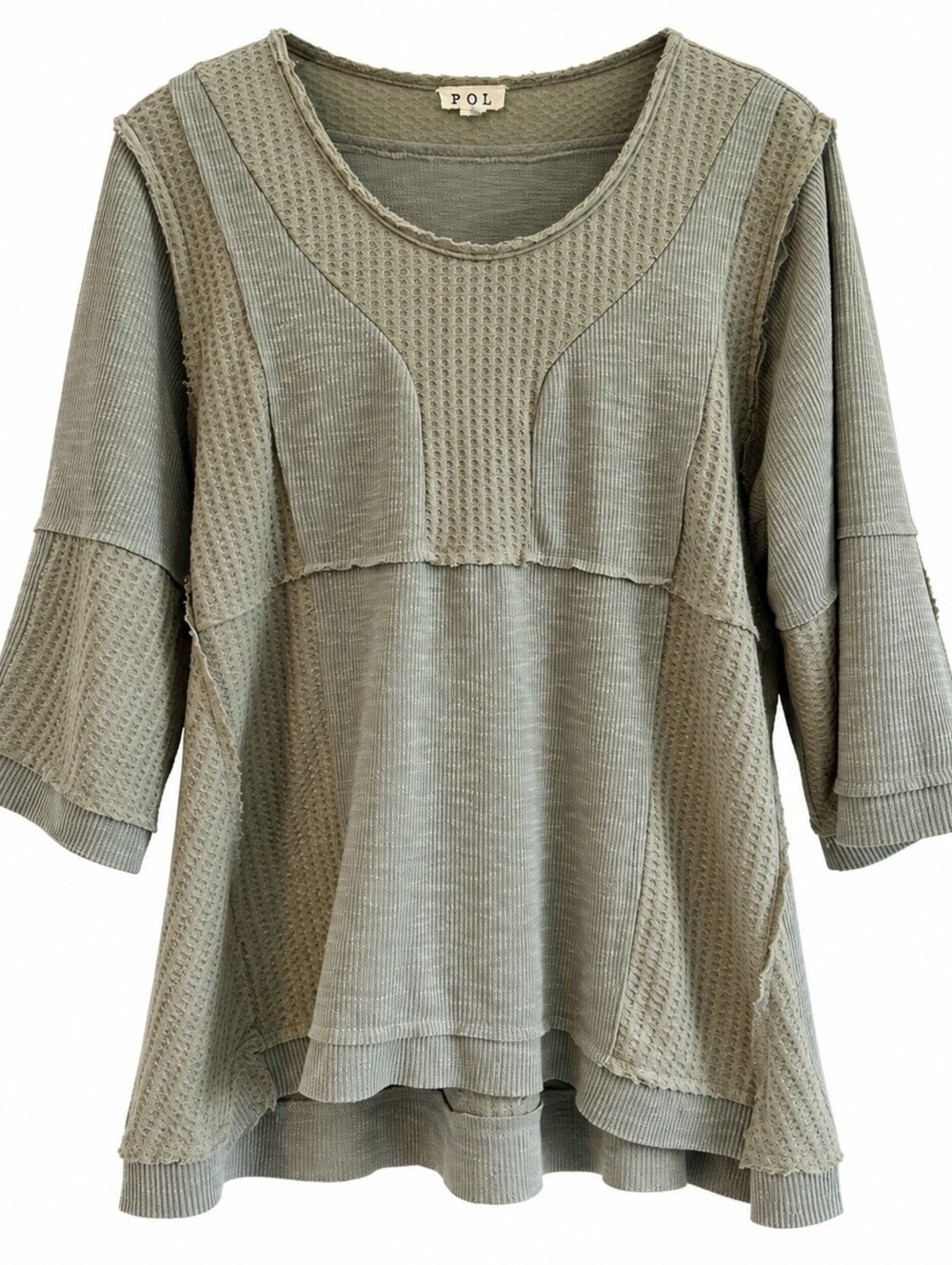 Sage Green Mixed Texture Lagenlook Boho Tunic Raw Seam Swing Top